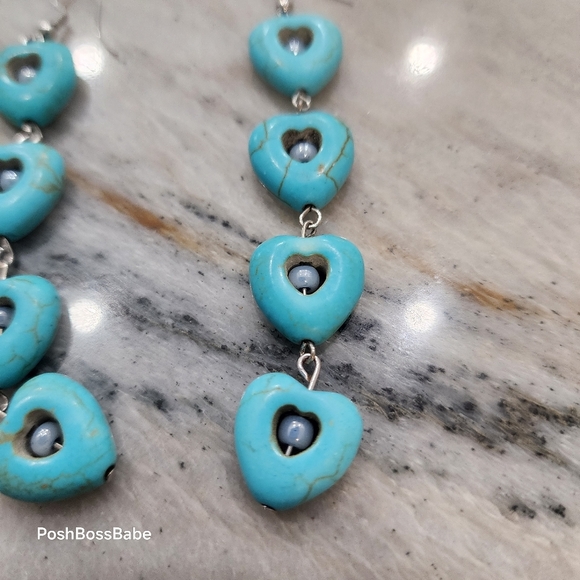 Long Turquoise Heart Drop Earrings – 4" Boho Statement Dangles - Picture 3 of 6